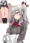  1boy 1girl admiral_(kantai_collection) arms_behind_back blue_eyes blush breasts faceless faceless_male gintarou_(kurousagi108) gloves grey_blouse hair_between_eyes hair_ribbon kantai_collection kashima_(kantai_collection) large_breasts long_hair long_sleeves looking_at_another miniskirt open_mouth pleated_skirt ribbon silver_hair skirt skirt_grab twintails upper_body wavy_hair wet wet_clothes white_gloves 