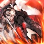  1girl armor armored_dress armpits blonde_hair breasts fate/grand_order fate_(series) fire headpiece jeanne_alter kinako_(akatuki5) large_breasts ruler_(fate/apocrypha) short_hair smile solo standard_bearer sword thigh-highs thighs weapon yellow_eyes 
