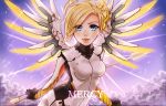  1girl aoi_wakashi_futaba blonde_hair blue_eyes bodysuit breasts character_name clouds glowing glowing_wings high_ponytail highres holding_staff leaning_forward lips long_hair looking_at_viewer mechanical_halo mechanical_wings medium_breasts mercy_(overwatch) open_mouth overwatch ponytail smile solo sparkle spread_wings staff upper_body wings 