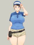  1girl adjusting_clothes adjusting_hat arm_at_side arm_up baseball_cap beige_background belt belt_pouch blue_eyes blue_hat blue_shirt blush breasts brown_hair brown_shorts buttons closed_mouth collared_shirt hat large_breasts looking_at_viewer original pocket polo_shirt shikuta_maru shirt short_hair short_sleeves shorts simple_background smile solo standing thighs wing_collar zipper 