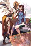  2girls aurora_rokudo bangs blonde_hair bodysuit breasts brown_eyes brown_hair d.va_(overwatch) facepaint facial_mark gloves headphones high_ponytail highres lips lipstick lipstick_tube long_hair looking_at_another makeup mechanical_halo mechanical_wings medium_breasts mercy_(overwatch) multiple_girls one_eye_closed overwatch pantyhose pilot_suit ponytail sitting skin_tight smile swept_bangs whisker_markings white_gloves wings 