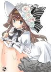  1girl alternate_costume blue_eyes brown_hair chize cup dress flower hairband hat hat_flower hat_ribbon kantai_collection kongou_(kantai_collection) leaning_on_object long_hair long_sleeves looking_at_viewer ribbon saucer smile solo tea teacup victorian watermark 