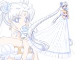  1girl bare_shoulders bishoujo_senshi_sailor_moon blue_eyes crescent double_bun dress facial_mark flower forehead_mark full_body hair_flower hair_ornament hairpin lisginka long_hair looking_at_viewer princess_serenity projected_inset rose signature solo standing strapless strapless_dress tsukino_usagi twintails white white_background white_dress white_hair white_rose zoom_layer 