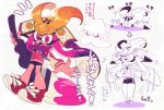  1girl armor bike_shorts calligraphy_brush helmet inkling japanese_armor kabuto multiple_views paintbrush partially_colored red_shoes shoes sizma splatoon squid tentacle_hair translation_request white_background 