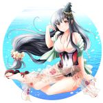  1girl araragi_uminya bare_shoulders black_hair collarbone covered_navel flower fusou_(kantai_collection) hair_flower hair_ornament headgear kantai_collection long_hair looking_at_viewer low-tied_long_hair one-piece_swimsuit red_eyes sandals sarong shawl sitting smile solo swimsuit tied_hair very_long_hair yokozuwari 