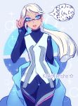  10s 1girl adjusting_glasses androgynous artist_name bespectacled blanche_(pokemon) blue_eyes blush coat glasses kokotensho open_mouth pokemon pokemon_go ponytail solo sparkle speech_bubble symbol turtleneck white_hair 