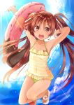  1girl brown_eyes brown_hair casual_one-piece_swimsuit doughnut food frilled_swimsuit frills highres innertube kantai_collection libeccio_(kantai_collection) long_hair one-piece_swimsuit open_mouth sandals solo striped striped_swimsuit swimsuit twintails yellow_swimsuit yuna_(yukiyuna) 
