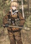  1girl absurdres anti-tank_grenade assault_rifle black_gloves blonde_hair blue_eyes blurry blurry_background braid camouflage camouflage_jacket camouflage_pants explosive gloves grenade gun hair_over_shoulder highres holding holding_weapon hood hood_down hooded_jacket jacket keiita long_hair long_sleeves military military_uniform original pants panzerfaust rifle single_braid solo standing stg44 uniform waffen-ss weapon world_war_ii 