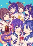  6+girls :d ^_^ ahoge akebono_(kantai_collection) bell black_hair blush brown_eyes brown_hair closed_eyes collarbone cup detached_sleeves drinking drinking_glass drinking_straw flower food fruit fusou_(kantai_collection) hair_bell hair_between_eyes hair_flower hair_ornament hair_ribbon headgear hyuuga_(kantai_collection) ise_(kantai_collection) japanese_clothes kantai_collection long_hair looking_to_the_side multiple_girls nontraditional_miko one_eye_closed open_mouth pleated_skirt ponytail purple_hair red_eyes ribbon school_uniform serafuku short_hair short_sleeves side_ponytail simple_background skin_tight skirt smile star strawberry takitarou undershirt ushio_(kantai_collection) violet_eyes yamashiro_(kantai_collection) 