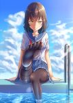  1girl arm_support black_hair black_legwear blush clouds feet gurande_(g-size) highres leg_up long_hair looking_at_viewer no_shoes original pantyhose pov_feet sitting sky smile soles solo thighband_pantyhose toes wading water wet wet_clothes yellow_eyes 