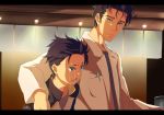  2boys angry arm_around_shoulder artist_name black_eyes black_hair ceiling_light clenched_teeth closed_mouth coat comforting crossover crying crying_with_anger facial_hair furrowed_eyebrows hair_slicked_back jacket labcoat letterboxed long_sleeves looking_at_another male_focus multiple_boys natsuki_subaru okabe_rintarou open_clothes open_coat pen pocket re:zero_kara_hajimeru_isekai_seikatsu sad shade sideburns signature steins;gate streaming_tears stubble tears teeth trait_connection undershirt viola_(seed) 