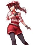  10s 1girl baseball_cap belt black_gloves black_legwear blue_eyes brown_hair cropped_jacket female_protagonist_(pokemon_go) fingerless_gloves gloves hair_between_eyes hat jacket konya_(chocolate_palette) pantyhose pokemon pokemon_go ponytail red_hat simple_background solo white_background white_jacket 