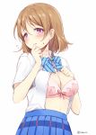  1girl blush bow bowtie bra breasts brown_hair collared_shirt flying_sweatdrops hand_to_own_mouth koizumi_hanayo looking_at_viewer love_live! love_live!_school_idol_project natsu_(natume0504) open_clothes open_shirt school_uniform shirt short_hair short_sleeves simple_background skirt solo twitter_username underwear violet_eyes white_shirt 