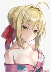 1girl ahoge alternate_costume arms_at_sides blonde_hair braid breasts collarbone fate/extra fate_(series) floral_print green_eyes hair_between_eyes hair_bun hair_up large_breasts lips looking_at_viewer off_shoulder saber_extra short_hair single_braid upper_body you06 