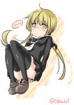  ... 1girl arms_behind_back bangs black_legwear black_serafuku blonde_hair blush breasts brown_shoes crescent ebifurya eyebrows eyebrows_visible_through_hair full_body hands_on_own_ass highres kantai_collection knees_up long_hair long_sleeves looking_at_viewer necktie nose_blush satsuki_(kantai_collection) school_uniform serafuku shoes simple_background skirt skirt_tug small_breasts solo speech_bubble spoken_ellipsis thigh-highs twintails twitter_username white_background white_necktie yellow_eyes 
