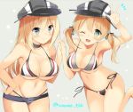  2girls adapted_costume alternate_costume arm_up bare_arms bare_shoulders bikini bismarck_(kantai_collection) blonde_hair blue_eyes breasts cleavage green_eyes hand_holding hat hitsuji_takako kantai_collection large_breasts long_hair looking_at_viewer multiple_girls one_eye_closed open_mouth peaked_cap prinz_eugen_(kantai_collection) side-tie_bikini sideboob swimsuit twintails twitter_username under_boob 