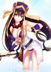  1girl bead_necklace beads bikini blue_bikini bracer breasts brown_hair cleavage fate/grand_order fate_(series) hat highres in_water jewelry long_hair looking_at_viewer necklace ring smile solo staff swimsuit very_long_hair violet_eyes xuanzang_(fate/grand_order) yoshida_takuma 