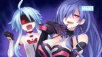  2girls absurdres ahoge angry bare_shoulders black_gloves blanc blue_hair breasts choujigen_game_neptune cleavage earrings game_cg gloves hair_over_one_eye highres iris_heart jewelry kami_jigen_game_neptune_v large_breasts long_hair multiple_girls neptune_(series) official_art open_mouth pururut red_eyes short_hair_with_long_locks smile tsunako white_heart 