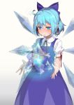  1girl absurdres ahoge blue_dress blue_eyes blue_hair blush cirno dress full-face_blush gradient gradient_background hair_ribbon highres ice ice_wings open_mouth puffy_sleeves ribbon see-through short_hair short_sleeves solo suppa_(hagakuresuppa) sweat touhou wings 