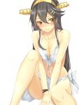  1girl alternate_costume arm_support bare_arms bare_legs between_legs bikini black_hair blush breast_press breasts cleavage front-tie_top hair_between_eyes hairband hand_between_legs haruna_(kantai_collection) kantai_collection kyougoku_touya long_hair looking_to_the_side medium_breasts sarong swimsuit thighs white_bikini yellow_eyes 