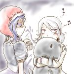  2girls baku_(creature) blue_hair blush commentary_request doremy_sweet hat hisan hug kishin_sagume multiple_girls musical_note pom_pom_(clothes) red_eyes shaded_face touhou white_hair 