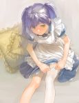  1girl adjusting_clothes adjusting_legwear apron blue_dress closed_mouth cushion dress frilled_apron frilled_pillow frills green_eyes highres long_hair maid original pillow puffy_short_sleeves puffy_sleeves purple_hair short_sleeves single_thighhigh sitting solo thigh-highs twintails yk_(tnkau) 