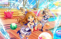  2girls ball beachball bow brown_eyes brown_hair earrings green_eyes hair_bow high_ponytail hino_akane_(idolmaster) hori_yuuko idolmaster idolmaster_cinderella_girls idolmaster_cinderella_girls_starlight_stage innertube jewelry long_hair multiple_girls official_art palm_tree rainbow smile thigh-highs tree umbrella wavy_hair 