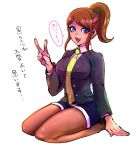  1girl asahina_aoi blue_eyes brown_hair dangan_ronpa dangan_ronpa_3 dark_skin eyebrows eyebrows_visible_through_hair long_hair looking_at_viewer necktie norita_(eri6m6rie) open_mouth pantyhose ponytail seiza shorts sitting smile solo suit_jacket translation_request v white_background 