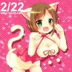  1girl animal_ears bare_shoulders barefoot breasts brown_hair cat_day cat_ears cat_tail cleavage fang green_eyes heart idolmaster idolmaster_cinderella_girls leaning_forward looking_at_viewer maekawa_miku open_mouth paw_pose ribbon short_hair snowflakes solo striped striped_background tail yunn0608 