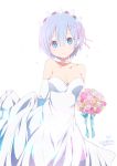  1girl bare_shoulders blue_eyes blue_hair blush bouquet breasts bride choker cleavage collarbone commentary_request dated dress elbow_gloves flower gloves hair_ornament hair_over_one_eye hair_ribbon looking_at_viewer maid_headdress ragho_no_erika re:zero_kara_hajimeru_isekai_seikatsu rem_(re:zero) ribbon short_hair signature simple_background smile solo strapless strapless_dress wedding_dress white_background white_dress white_gloves x_hair_ornament 