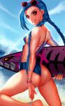  1girl ass blue_hair braid breasts glasses jinx_(league_of_legends) league_of_legends lipstick pink_eyes solo surfboard swimsuit tattoo twin_braids 