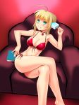  1girl ahoge aqua_eyes ass bikini blonde_hair blush book breasts chair cleavage clenched_teeth fate/extra fate/grand_order fate_(series) highres legs_crossed looking_at_viewer navel ngo popsicle red_bikini saber_extra sitting solo swimsuit teeth 