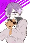  1boy bags_under_eyes carrying closed_mouth collared_shirt diabolik_lovers eyepatch flat_color glasses hug juutora looking_at_viewer male_focus polka_dot purple_background purple_hair sakamaki_kanato simple_background sketch solo stuffed_animal stuffed_toy sweater teddy_(diabolik_lovers) teddy_bear upper_body violet_eyes white_background 
