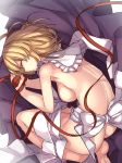  1girl ass barefoot bent_knees blonde_hair bound bound_wrists breasts butt_crack closed_eyes clothes_removed dress from_side highres janne_cherry lying maribel_hearn medium_breasts no_bra no_hat no_panties on_side profile purple_dress red_ribbon ribbon short_hair sideboob solo touhou 