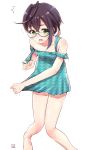  /\/\/\ 1girl adapted_costume adjusting_clothes ahoge alternate_costume bare_arms bare_legs bare_shoulders black_hair blue-framed_eyewear commentary_request glasses green_eyes highres kantai_collection looking_at_viewer multicolored_hair nayuhi_(yukimuu14) okinami_(kantai_collection) pink_hair short_hair simple_background smile solo swimsuit white_background 