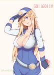 ! 1girl arm_at_side bangs baseball_cap belt blonde_hair blue_eyes blue_gloves blush breasts casual copyright_name cosplay covered_navel cowboy_shot cropped_jacket female_protagonist_(pokemon_go) female_protagonist_(pokemon_go)_(cosplay) fingerless_gloves gloves hair_between_eyes hand_up hat highres holding holding_phone holding_poke_ball iowa_(kantai_collection) kantai_collection large_breasts long_hair looking_at_viewer mino_kureha one_eye_closed poke_ball pokemon pokemon_go short_jumpsuit skin_tight sleeves_past_elbows smile solo star star-shaped_pupils sweat symbol-shaped_pupils twitter_username 