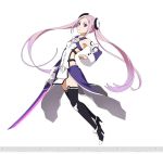 1girl black_legwear breasts character_request detached_sleeves hair_ornament holding holding_sword holding_weapon long_hair pink_hair simple_background small_breasts solo sword sword_art_online sword_art_online:_code_register thigh-highs twintails violet_eyes watermark weapon white_background 