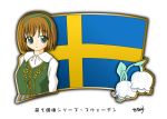  1girl brown_hair copyright_request flag green_eyes hairband murakami_senami sweden swedish_flag translation_request 