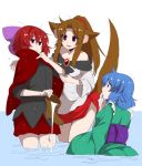  3girls alternate_hairstyle animal_ears bare_shoulders blouse blue_eyes blue_hair boots boots_removed bow breasts brooch brown_boots brown_hair cape cleavage drill_hair eichi_yuu flying_sweatdrops hair_bow head_fins high_collar imaizumi_kagerou japanese_clothes jewelry jpeg_artifacts kimono long_hair long_sleeves medium_breasts mermaid miniskirt monster_girl multiple_girls off_shoulder partially_submerged ponytail purple_bow red_cape red_eyes red_skirt redhead sekibanki shirt short_hair skirt spilling sweat tail thighs tied_skirt touhou wading wakasagihime water wet wet_clothes wet_hair white_background white_blouse wide_sleeves wolf_ears wolf_tail 