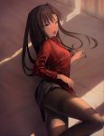  1girl black_hair black_legwear blue_eyes blush fate/stay_night fate_(series) green_eyes hair_down kawanakajima long_hair long_legs open_mouth pantyhose skirt solo thighband_pantyhose tied_hair tohsaka_rin twintails 