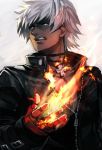  blue_eyes dark_skin fire gauntlets hankuri jewelry k&#039; male_focus necklace short_hair simple_background solo the_king_of_fighters the_king_of_fighters_xiv white_hair 