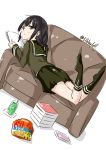  1girl :&lt; black_eyes black_hair blush book brown_skirt couch cup drinking_glass drinking_straw dutch_angle ebifurya full_body highres holding holding_book ice ice_cube kantai_collection kitakami_(kantai_collection) kneehighs long_sleeves looking_at_viewer lying no_shoes on_back on_stomach pleated_skirt school_uniform serafuku sidelocks simple_background skirt snack solo twitter_username white_background 