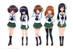  5girls absurdres akiyama_yukari arms_behind_back black_hair blush brown_eyes brown_hair collarbone copyright_name girls_und_panzer green_skirt hairband hand_on_hip hands_on_headphones hands_together headphones highres isuzu_hana long_hair multiple_girls nishizumi_miho official_art one_eye_closed pleated_skirt reizei_mako school_uniform serafuku shirt short_hair simple_background skirt smile takebe_saori thigh-highs v wavy_hair white_background white_hairband white_shirt zettai_ryouiki 