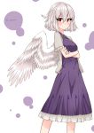  1girl adapted_costume blush braid crossed_arms dress egret feathered_wings french_braid hair_between_eyes highres jacket kishin_sagume looking_at_viewer open_clothes open_jacket purple_dress red_eyes short_hair short_sleeves silver_hair single_wing solo standing touhou twitter_username white_background white_wings wings 