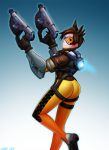  1girl ass bodysuit bomber_jacket brown_eyes brown_gloves brown_hair brown_jacket from_behind gloves goggles holding holding_gun holding_weapon jacket leather leather_jacket looking_at_viewer overwatch short_hair solo spiky_hair thigh_strap tracer_(overwatch) weapon 
