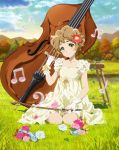  1girl brown_hair clouds collarbone double_bass dress flower full_body glass_slipper gloves grass hair_flower hair_ornament hibike!_euphonium highres instrument kawashima_sapphire looking_at_viewer musical_note official_art outdoors plant shoes_removed short_hair sitting solo vines wavy_hair white_gloves 