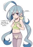  1girl ahoge bare_shoulders blue_eyes blue_hair camisole collarbone commentary_request flat_chest hair_bun hair_ribbon hanauna hands_on_own_chest hard_translated huge_ahoge kantai_collection kiyoshimo_(kantai_collection) long_hair low_twintails multicolored_hair navel panties panties_under_pantyhose pantyhose purple_legwear ribbon solo strap_slip translated twintails underwear very_long_hair 