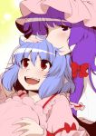  2girls :d arm_garter blue_hair blush bow eichi_yuu frilled_shirt_collar frills hair_bow hat hat_removed headwear_removed long_hair mob_cap multiple_girls open_mouth patchouli_knowledge pink_shirt pointy_ears purple_hair red_bow red_eyes remilia_scarlet shirt short_hair sidelocks smile touhou upper_body violet_eyes wrist_cuffs yuri 