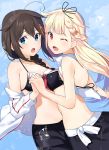  2girls :o ;d adapted_costume ahoge aqua_eyes bare_arms bare_shoulders bikini bikini_top black_bikini black_ribbon black_skirt blonde_hair blue_background braid breasts brown_hair collarbone french_braid hair_flaps hair_ornament hair_over_shoulder hair_ribbon hairclip hairpin hand_holding interlocked_fingers jacket kantai_collection long_hair long_sleeves medium_breasts multiple_girls nanotaro one_eye_closed open_clothes open_jacket open_mouth red_eyes remodel_(kantai_collection) ribbon scarf shigure_(kantai_collection) simple_background single_braid skirt smile swimsuit very_long_hair white_jacket white_scarf yuudachi_(kantai_collection) 