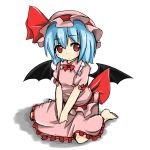  1girl barefoot blue_hair bow child dress eyebrows eyebrows_visible_through_hair feet female hat looking_at_viewer nyt remilia_scarlet shadow shiny shiny_skin short_hair simple_background solo touhou vampire white_background 